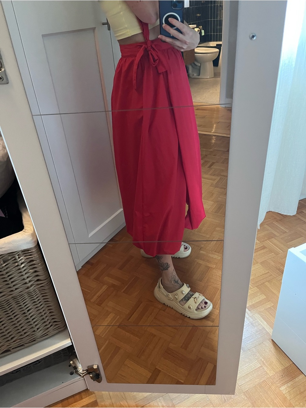 Bubble hem red midi skirt